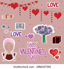 Different elements and attributes for Valentine's Day, gift, flowers, bouquet, hearts, girl, garland in pink and red colors