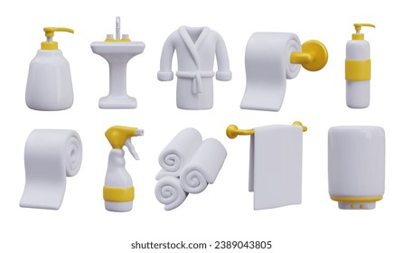 Different elements for bathroom. Cleaning, washing and self-care. Taking bath, spa procedures concept. Vector illustration in 3d style with yellow elements