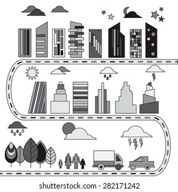 Different Elements for city illustration Buildings, transport. trees icons. Vector illustration