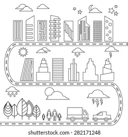 Different Elements for city illustration Buildings, transport. trees icons. Vector illustration