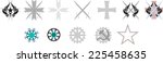 different elements of the emblems (star,  circle,  sword, cross, hammer)
