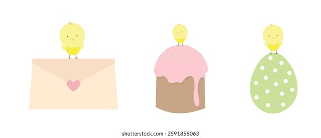 Different elements for Happy Easter. Easter cake, painted egg, congratulatory letter. On parts of Easter there is a cute yellow chicken. Vector illustration