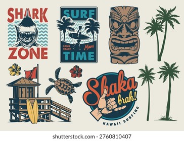 Different elements related to surfing in Hawaii. There are designs featuring sharks turtles and surfboards along with tropical scenery. The focus is on surfing culture.