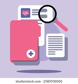 Different elements representing modern healthcare, including health records, magnifying glass, and medical tools. Digital transformation in medicine concept