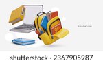 Different elements for study. 3d realistic laptop, backpack with books and pencils. Kit for education concept. Colorful vector illustration with place for text