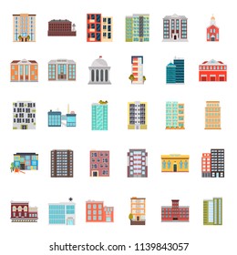 Different elements of urban infrastructure color flat icons set