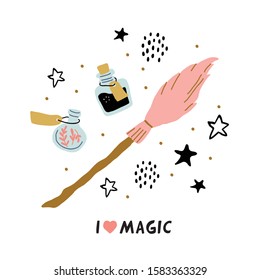 Different elements for witches at school of magic circle illustration with I love magic lettering. Broom, bottles with potion, stars, dots. Vector illustration