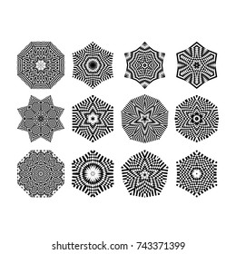 Different elements for your design. 12 geometric mandalas, round ornaments. Vector illustration