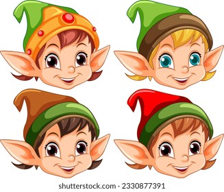 Different Elf Kids Heads Collection illustration