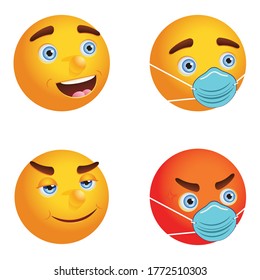 Different emoticons with face mask and without, expressional faces.