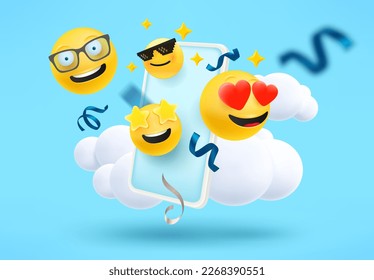 Different emoticons flying out a modern smartphone. 3d vector illustration
