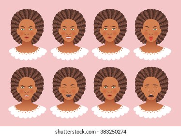 Different emotion faces. African American woman. Vector