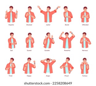 Different emotion gestures. People emotions on body expression, upset portrait person setabout exasperate or happy positive smile ashamed skeptical man vector illustration of positive expression