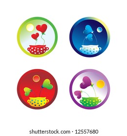 different emotion hearts growing in flowerpots icon set