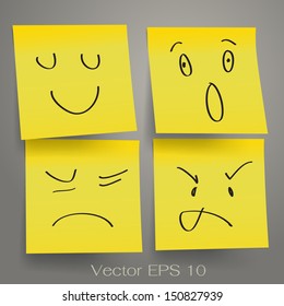 Different emotion sketching on sticker notepaper. Vector illustration.