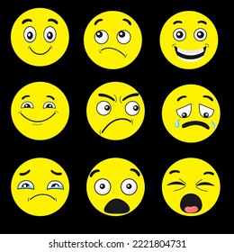 Different emotional circle vector emoji pack with black background  