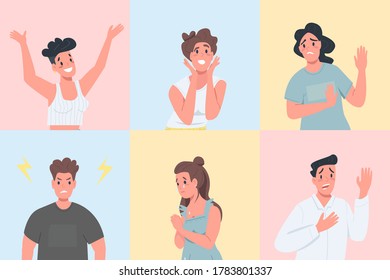 Different emotional expressions flat color vector detailed character set. Men and women with various feelings isolated cartoon illustration for web graphic design and animation collection