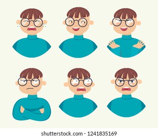 Different emotions the boy in the glasses. Cartoon character