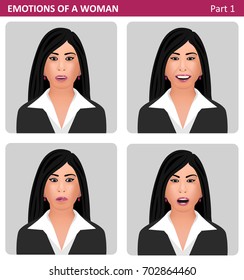 Different emotions of a business woman. Vector set of girl faces. First part.