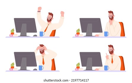Different emotions businessman desktop. Happy and sad employee work computer, professional stress upset manager or angry boss, disappointed man vector illustration of happy businessman with computer