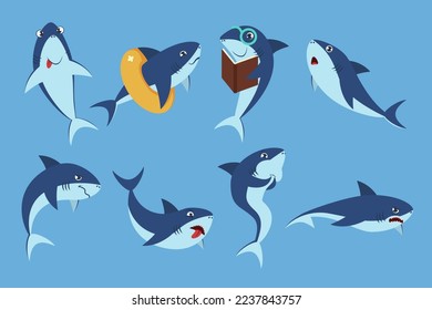 Different emotions of comic shark vector illustrations set. Underwater animal cartoon character reading, swimming, angry, disgusted creature isolated on blue background. Wildlife, emotions concept
