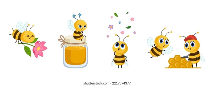 Diferentes emociones adoran a las abejas. Abeja trabajadora y voladora, insecto con flor y tarro de miel. Personajes vectores de caricatura enojados y sorprendidos