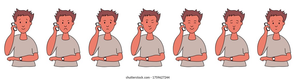 Different emotions. Ethnic man talking on the phone. Facial expressions. Joy, sadness, anger, conversation, funny, fear, smile. Vector illustration flat design. Cartoon.
