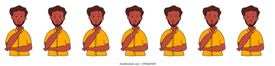 Different emotions and facial expressions. Ethnic man with a beard raised his hand. Joy, sadness, anger, conversation, funny, fear, smile. Vector illustration flat design.