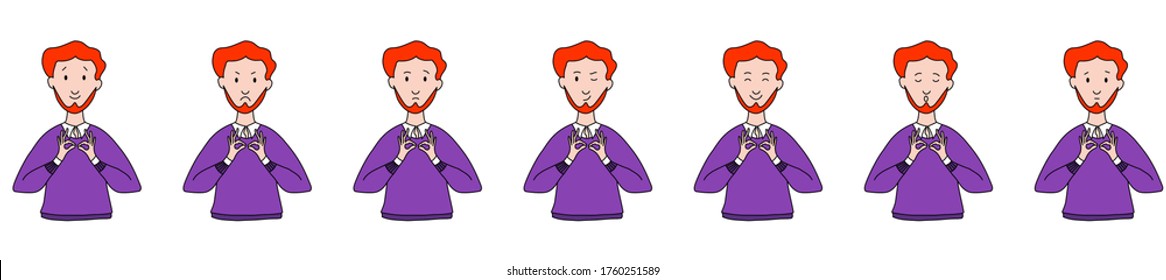 Different emotions and facial expressions. A European man with a beard practices yoga and meditation. Vector illustration flat design. Cartoon.