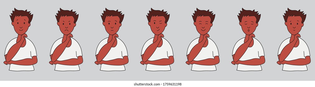 Different emotions and facial expressions of the face of a young guy. Ethnic man raised his hand. Joy, sadness, anger, conversation, funny, fear, smile. Vector illustration flat design.