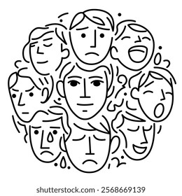 Different emotions and facial expressions of a person. Vector illustration of a psychological concept. Flat contour illustration in black and white style