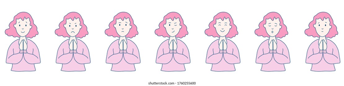 Different emotions and facial expressions. A sweet woman clasped her hands in front of her and prays. Joy, sadness, anger, funny, fear, smile. Vector illustration flat design. Cartoon. 