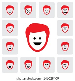 different emotions & feelings of young man's face- vector graphic. This illustration  represents feelings of sad, happy, depression, fear, worry, surprised, confident, doubtful, naughty, cheerful