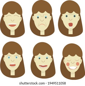 diferentes emociones de la cara de la chica. ilustración vectorial dibujada a mano. en blanco para avatares, sitios web, iconos