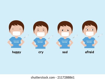 Different emotions of kid wearing face mask during covid-19 vaccination. Happy,cry, sad, afraid child face.