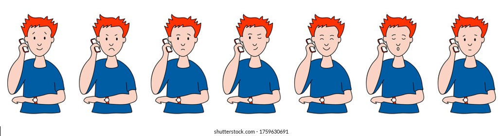 Different emotions. man talking on the phone. Facial expressions. Joy, sadness, anger, conversation, funny, fear, smile. Vector illustration flat design. Cartoon.
