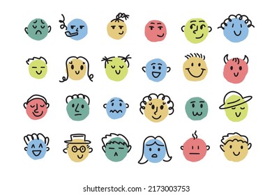 Different emotions and moods. Drawing simple round faces hand drawn cartoon doodle style. Vector illustration