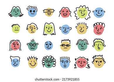 Different emotions and moods. Drawing simple round faces hand drawn cartoon doodle style. Vector illustration