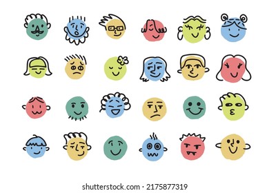 Different emotions and moods. Drawing simple round faces hand drawn cartoon doodle style. Vector illustration