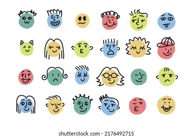 Different emotions and moods. Drawing simple round faces hand drawn cartoon doodle style. Vector illustration