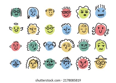 Different emotions and moods. Drawing simple round faces hand drawn cartoon doodle style. Vector illustration