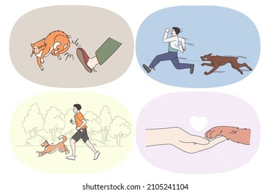 Concepto de diferentes emociones para las mascotas. Grupo de niñas y niños corriendo en el parque junto con perro o huyendo con miedo de salir del gato con patadas y hacer amigo con la ilustración vectorial de mascotas 