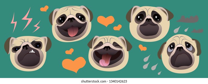  different emotions, pug dog, vector image