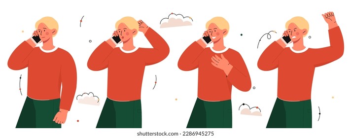 Different emotions set. Man talking on phone. Collection of facial expressions and gestures. Surprise, joy, anger and calmness. Cartoon flat vector illustrations isolated on white background