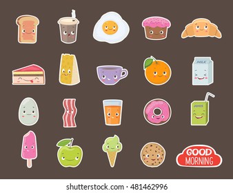 Different emotions stickers collection. Breakfast food stickers elements 