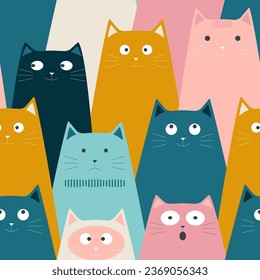The different emotions of whimsical cute cats of different colors create a seamless pattern for modern fabrics. Vector.