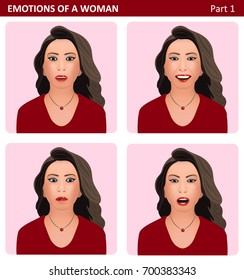 Different emotions of a woman. Vector drawing of woman's face. Joy, anger, dreams. Beautiful girl in a red dress. First part.