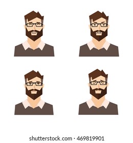 Different Emotions of Young Man. Sad, angry, smile and positive faces. Hypster Human  Head Hair, Mustache and beard. Cartoon Flat Vector Illustration.