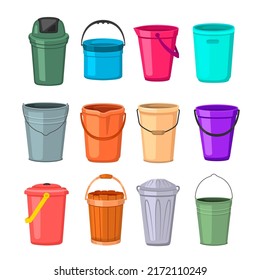 Different empty buckets. Illustration of bucket and water container. Metal plastic and wooden buckets collection. Garbage containers vector illustration.