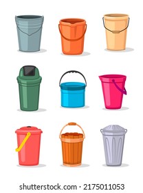 Verschiedene leere Eimer. Illustration von Eimer und Wasserbehälter. Sammlung aus Metall- und Holzkisten. Müllcontainer, Vektorgrafik.